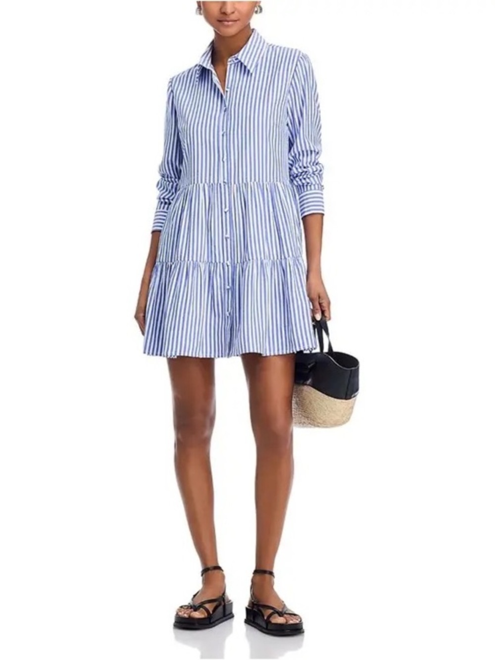 AQUA Blue White Striped Tiered Shirt Dress Button Front Tunic Medium